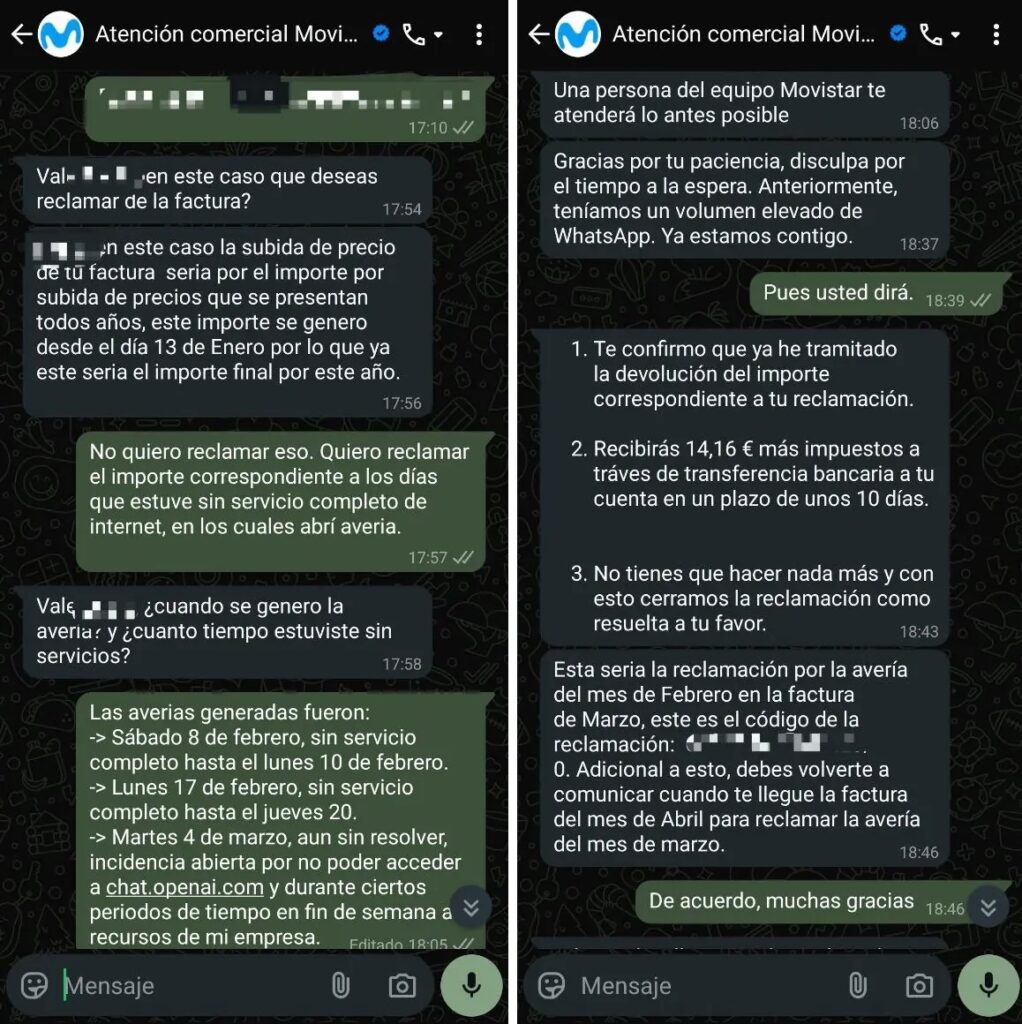 conversacion movistar devolucion