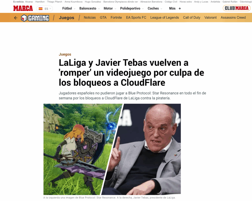 Los bloqueos antipiratería de LaLiga dejan sin jugar a miles de usuarios: el caso Blue Protocol reabre el debate 3 Captura de pantalla 2025 10 21 a las 9.25.49