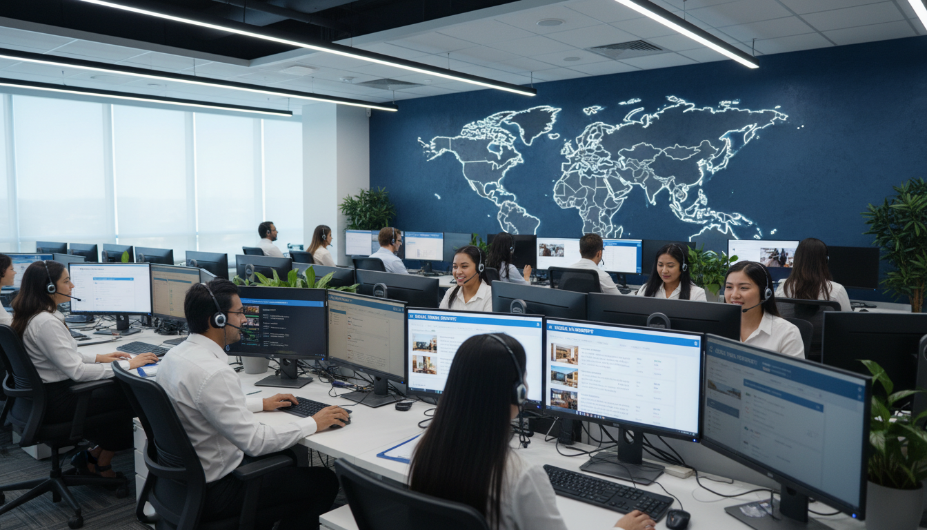 Centro de atención al cliente internacional de Booking.com con agentes atendiendo llamadas de viajeros