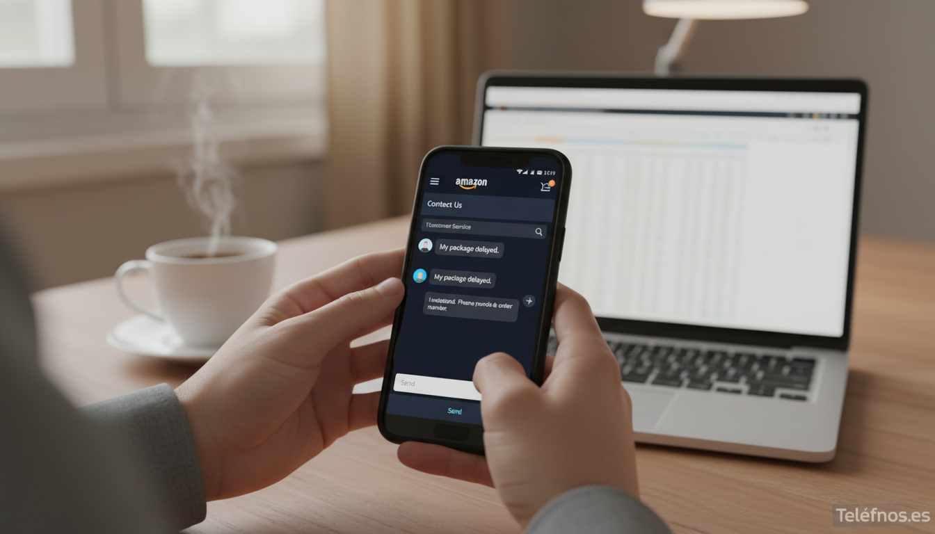 App Amazon mostrando opciones de contacto y chat de atención al cliente
