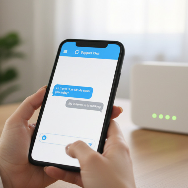 App Mi Movistar en móvil con router de fibra óptica de fondo