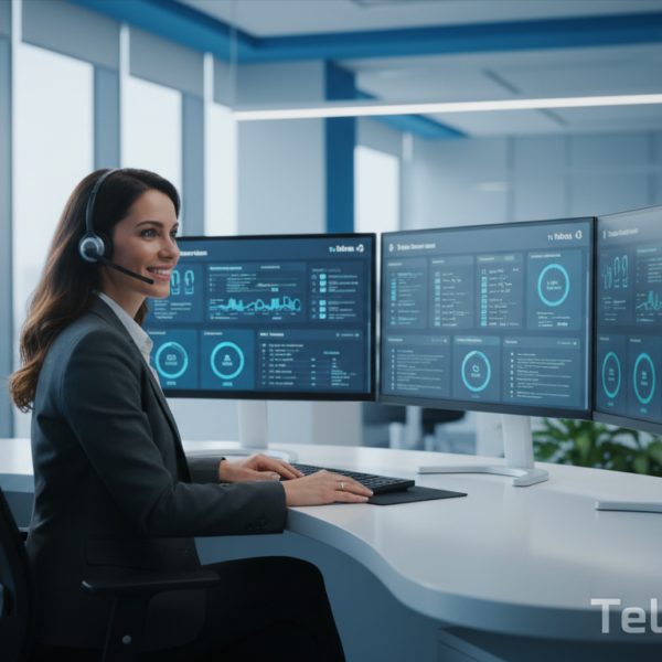 Operadora de atención al cliente de Movistar con auriculares en oficina moderna