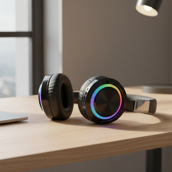 Auriculares gaming Ozeino con iluminacion LED sobre escritorio