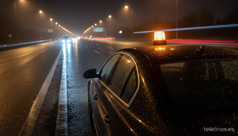 Baliza V16 de emergencia ISSE SAFETY encendida sobre techo de coche en carretera de noche