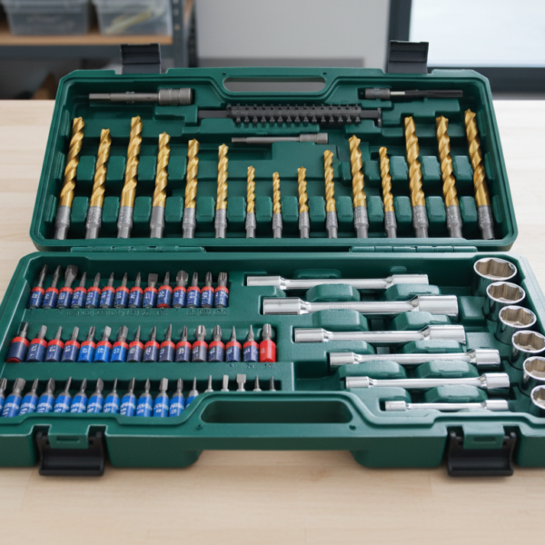 Maletin Bosch X-Line Titanio 70 piezas abierto con brocas y puntas organizadas