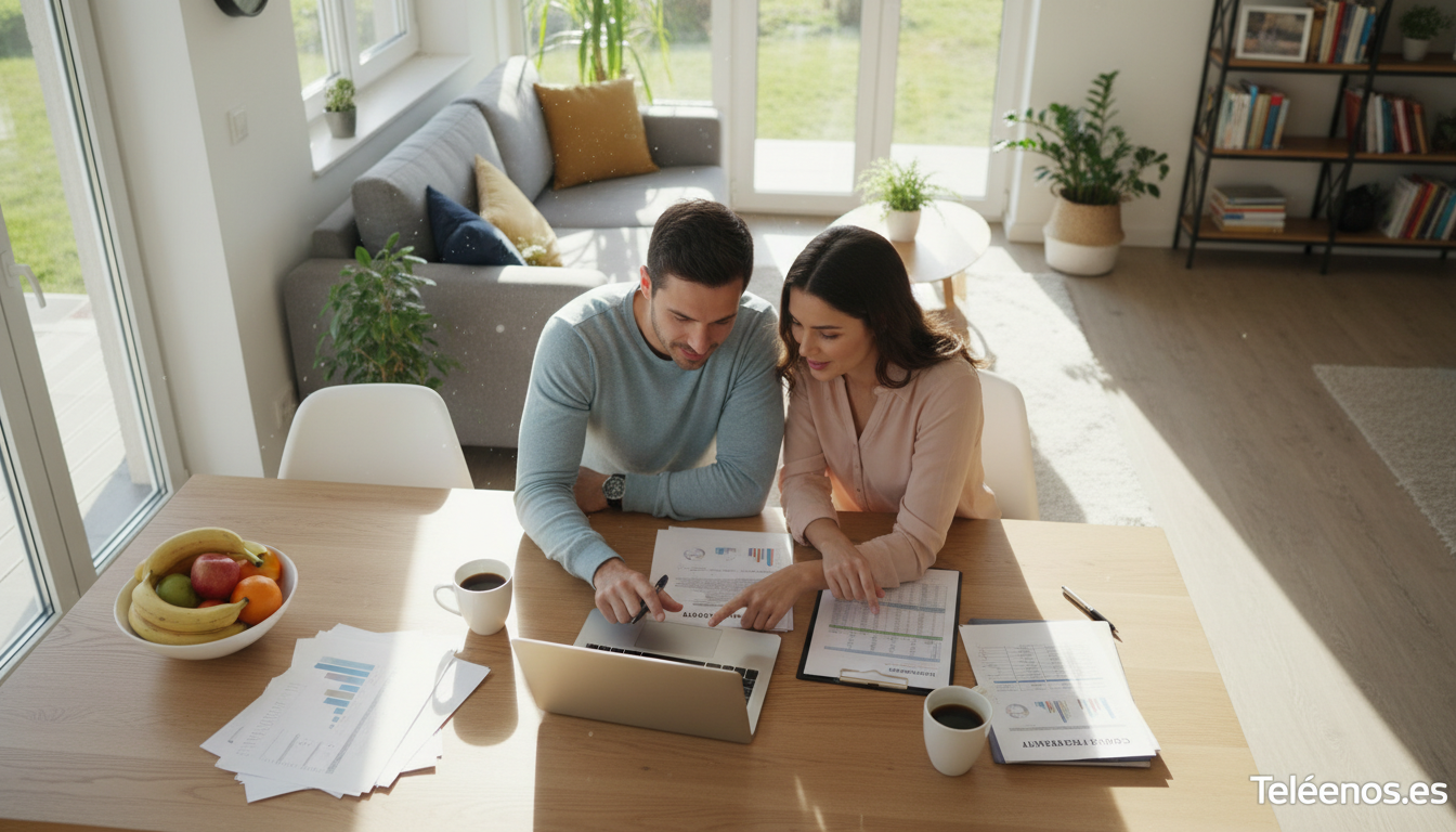 Pareja revisando documentación de préstamos y productos financieros de Cetelem