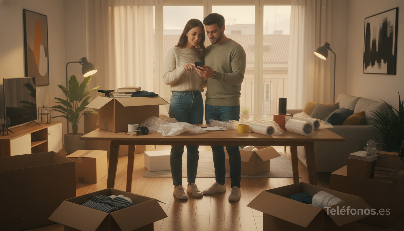 Pareja comparando presupuestos de mudanzas en Madrid desde el móvil