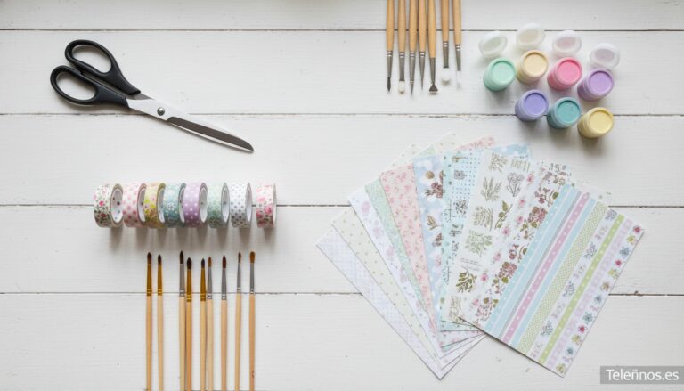 Materiales para manualidades sobre mesa blanca: tijeras, pinturas, washi tape y papeles
