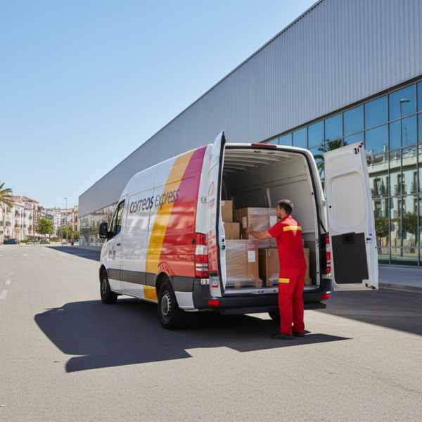 Furgoneta de Correos Express en reparto de paquetería urgente en España