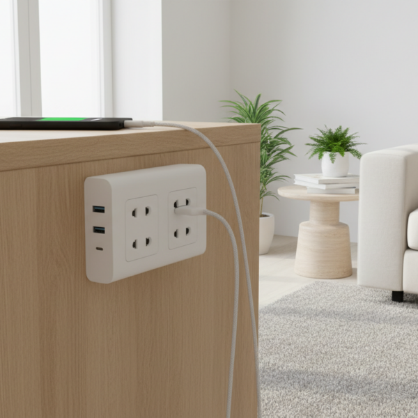 Enchufe extensible giratorio RPixc con USB-C y USB-A junto a sofa