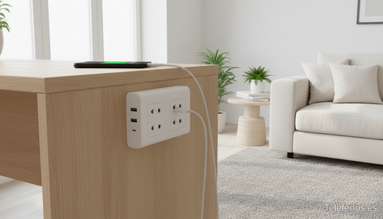 Enchufe extensible giratorio RPixc con USB-C y USB-A junto a sofa