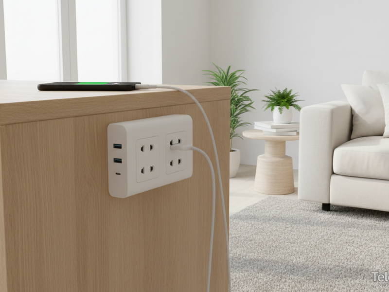 Enchufe extensible giratorio RPixc con USB-C y USB-A junto a sofa