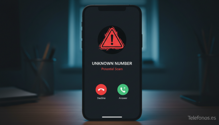 Llamada sospechosa de estafa telefonica en pantalla de movil con alerta