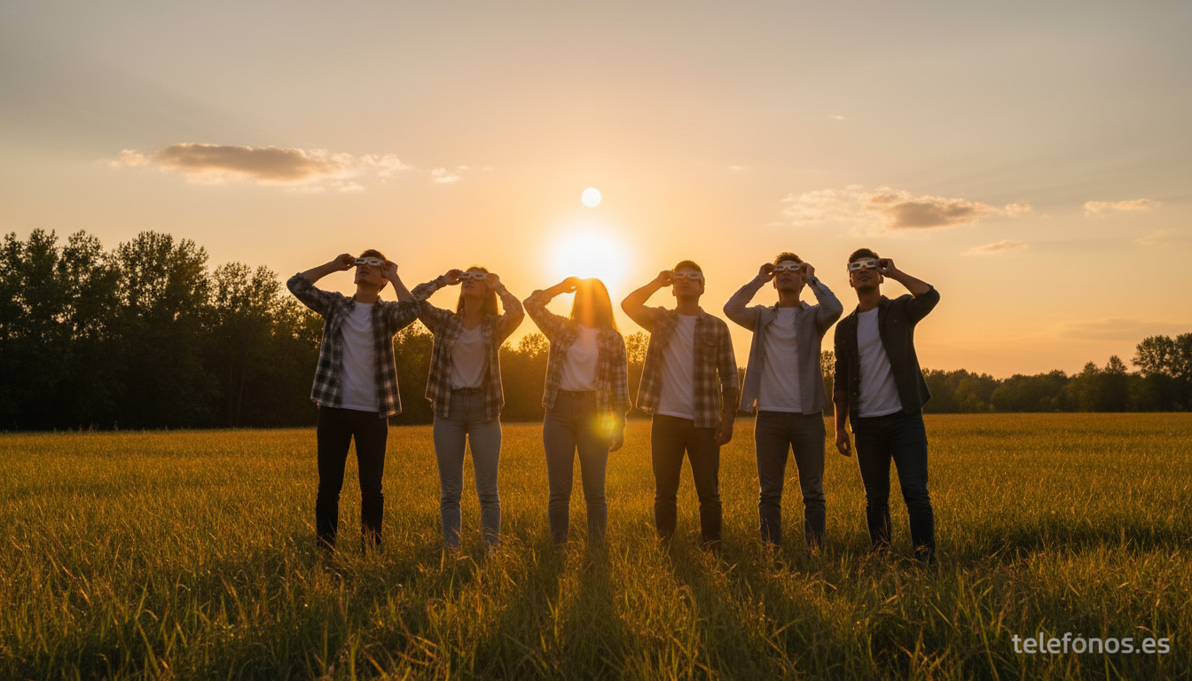 Grupo de amigos usando gafas de eclipse solar Galaxium al atardecer