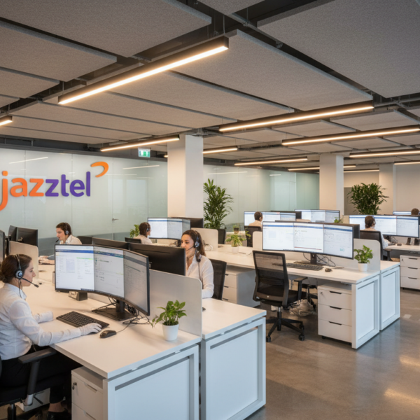 Centro de atencion al cliente de Jazztel con operadores y logo