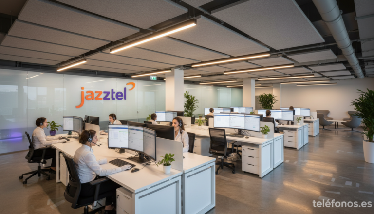 Centro de atencion al cliente de Jazztel con operadores y logo