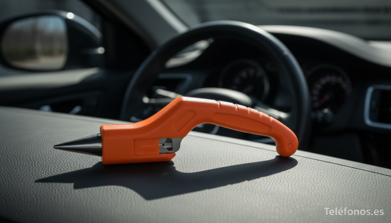 Martillo rompecristales y cortador de cinturon Amazon Basics en salpicadero de coche