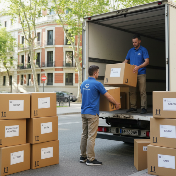 Empresa de mudanzas en Madrid cargando cajas en un camión