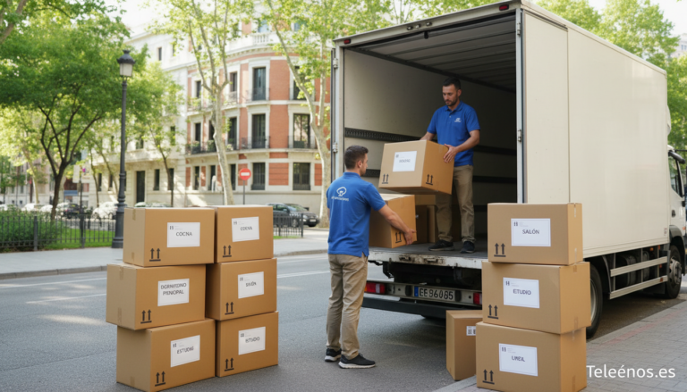 Empresa de mudanzas en Madrid cargando cajas en un camión