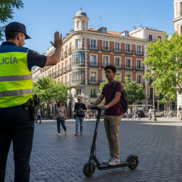 Control policial de patinetes electricos en una calle de Madrid