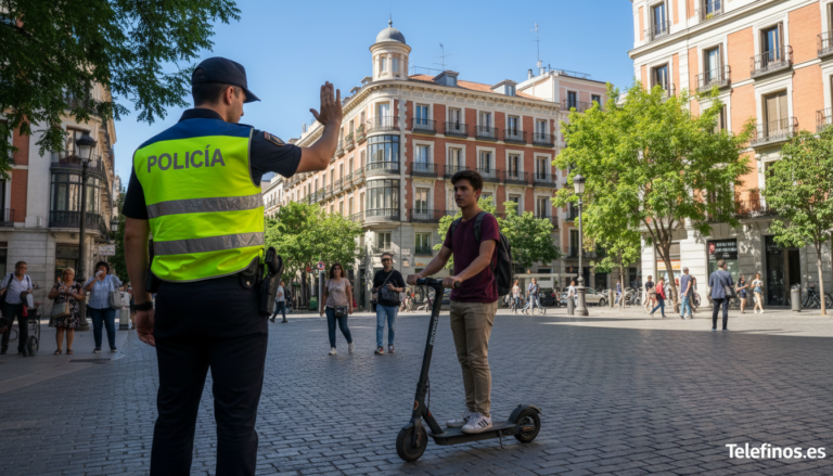Control policial de patinetes electricos en una calle de Madrid