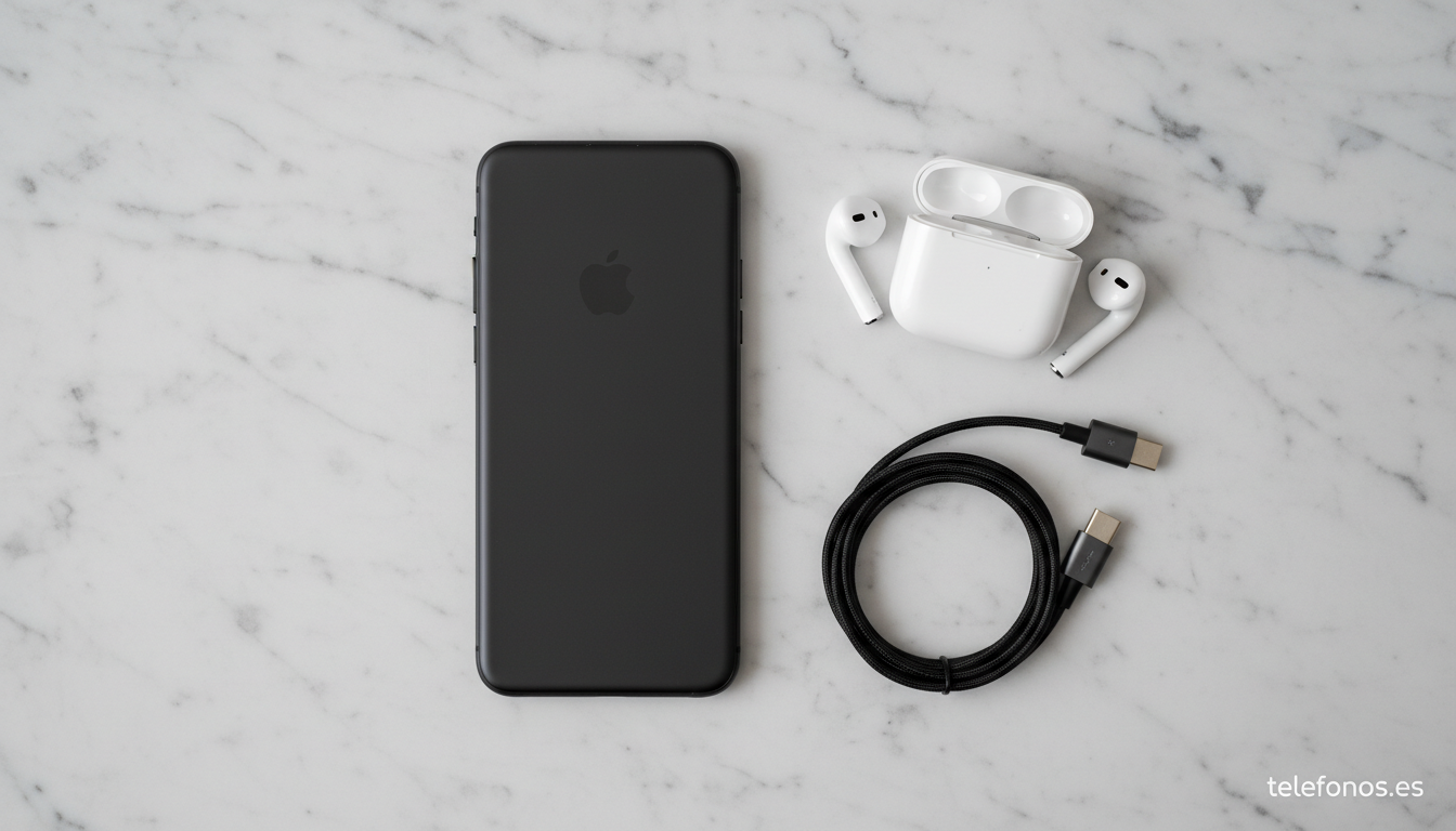 Xiaomi POCO C85 con accesorios cable USB-C y auriculares