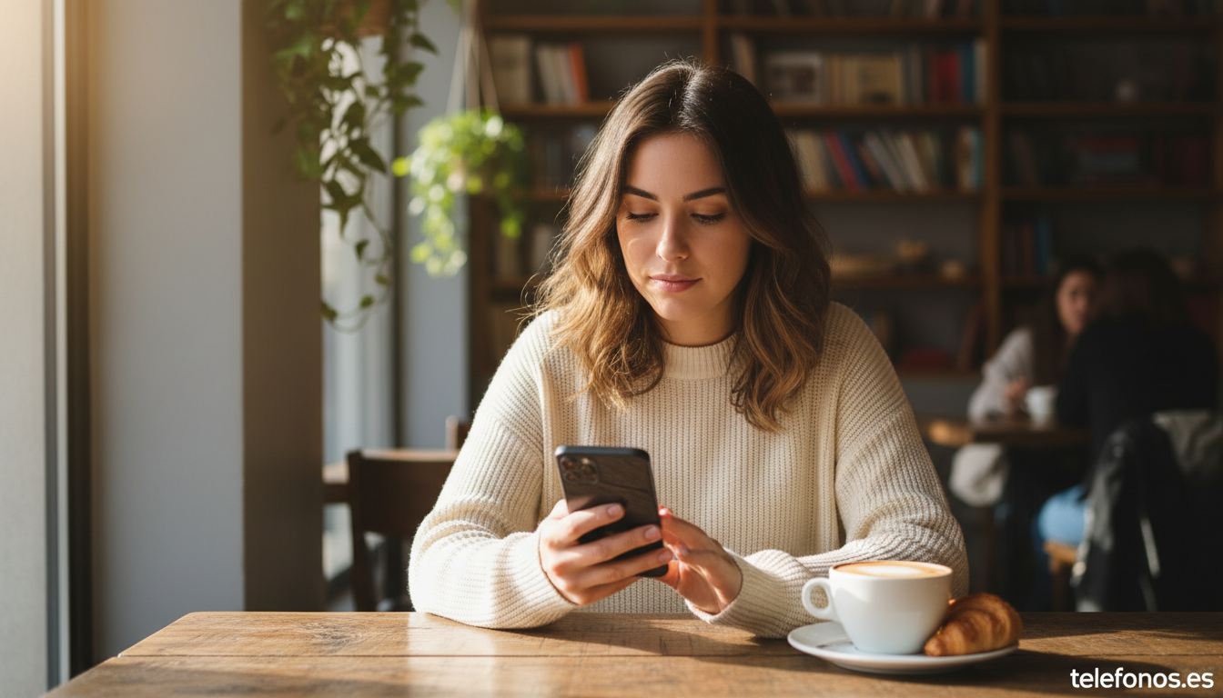 Persona usando smartphone POCO C85 en cafeteria con pantalla grande