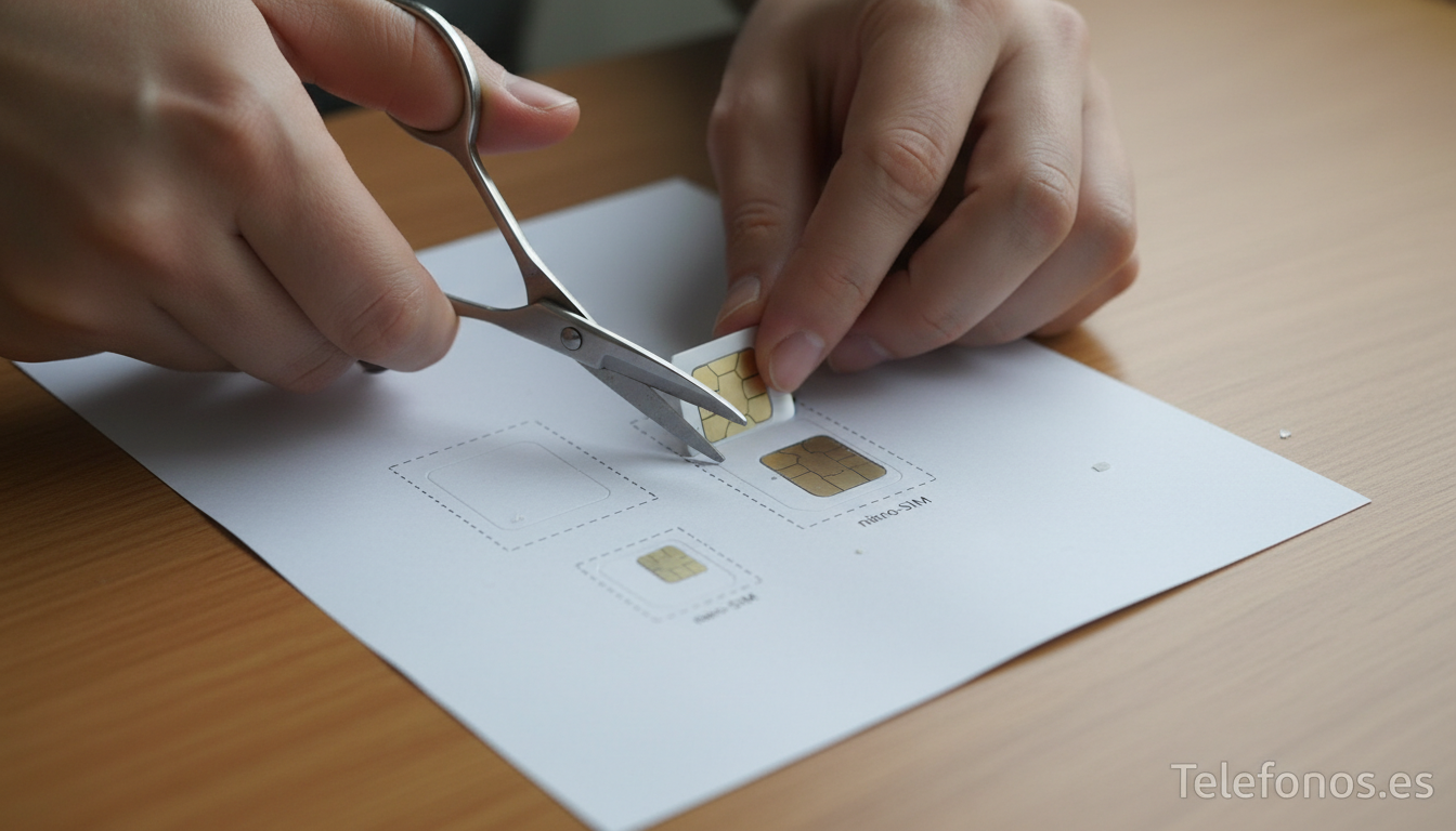 Recortando una tarjeta SIM con plantilla y tijeras de precisión