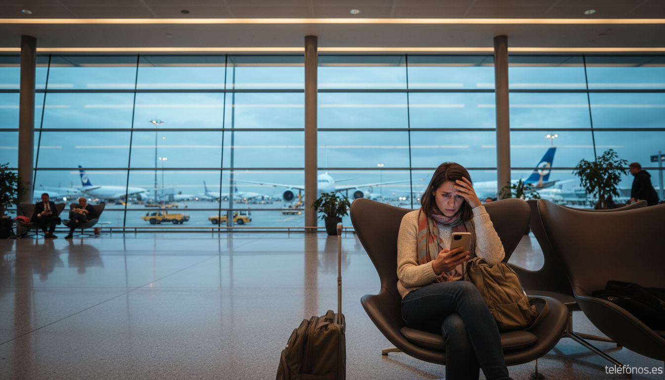 Viajera en aeropuerto consultando seguro de viaje en el movil