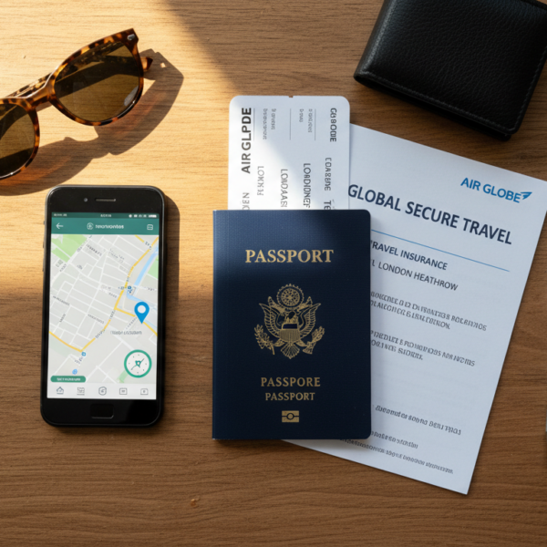 Pasaporte documentos de viaje y seguro de viaje sobre mesa