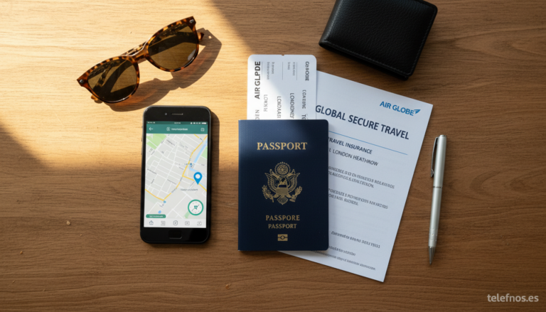 Pasaporte documentos de viaje y seguro de viaje sobre mesa