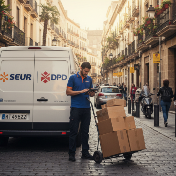 Furgoneta SEUR DPD con repartidor entregando paquetes, teléfono SEUR 2026
