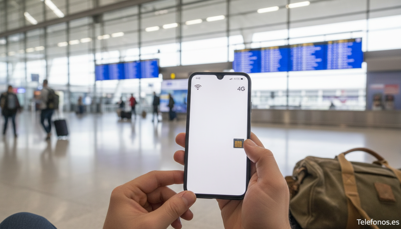 Persona insertando una SIM en un smartphone en el aeropuerto