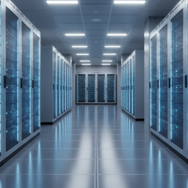 Centro de datos moderno de Stackscale con racks de servidores iluminados