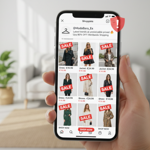 Smartphone mostrando una tienda falsa de moda en Instagram con alerta de seguridad