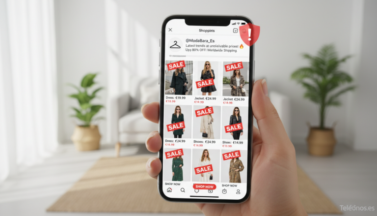 Smartphone mostrando una tienda falsa de moda en Instagram con alerta de seguridad