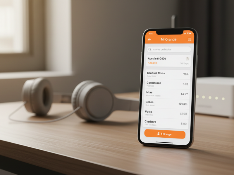 Smartphone moderno mostrando la app Mi Orange en pantalla, sobre escritorio limpio con un router de fibra y unos auricular...