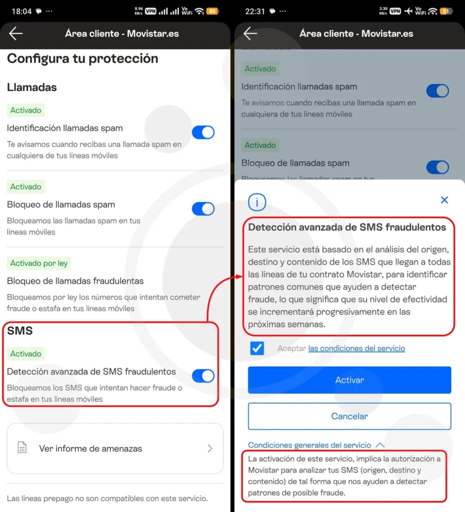 configuracion sms spam ia movistar