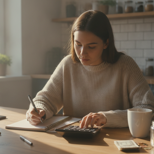 Mujer joven revisa su presupuesto mensual con una libreta y una calculadora junto a un bote de monedas