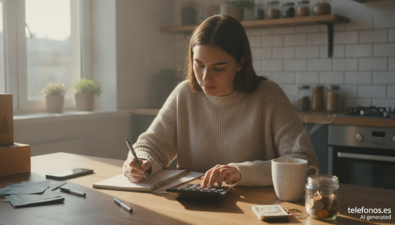 Nueva portada 1 Mujer joven revisa su presupuesto mensual con una libreta y una calculadora junto a un bote de monedas