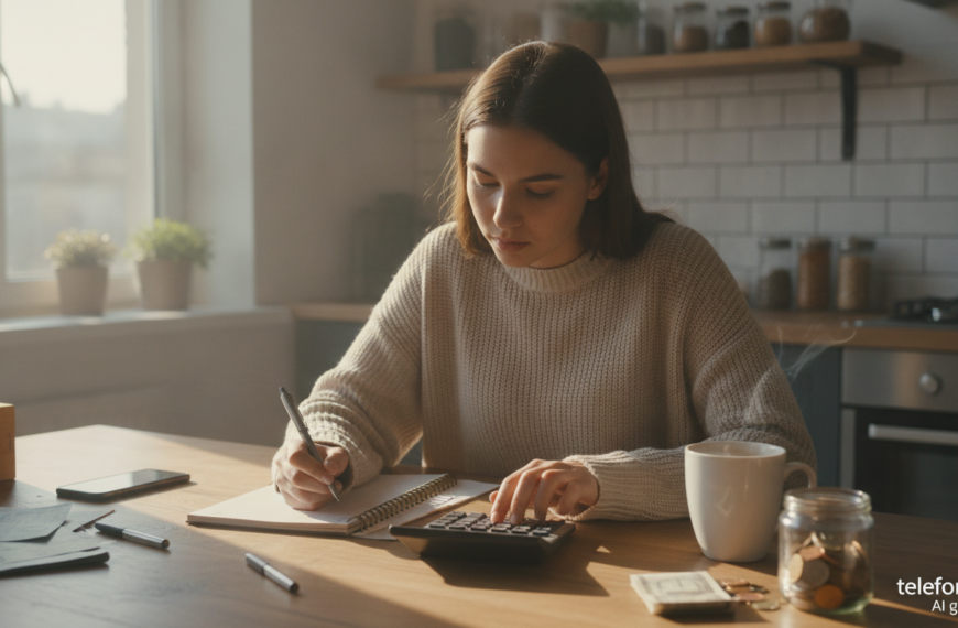 Nueva portada banner 8 Mujer joven revisa su presupuesto mensual con una libreta y una calculadora junto a un bote de monedas
