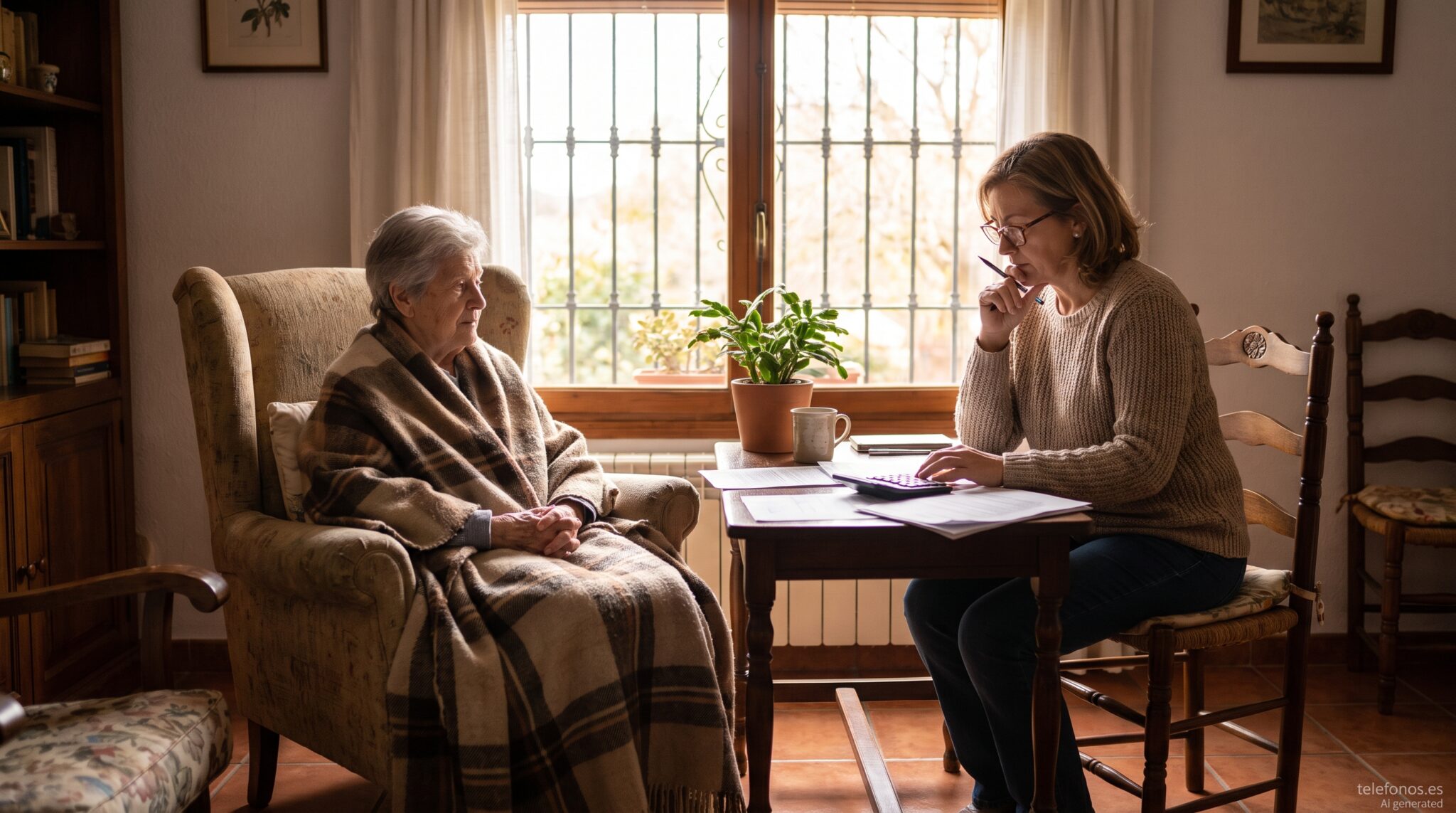 Nueva portada banner 5 Mujer de mediana edad revisa facturas junto a su madre mayor en el salón de casa