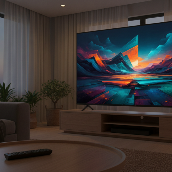Televisor 4K en un salón con un mando a distancia en primer plano