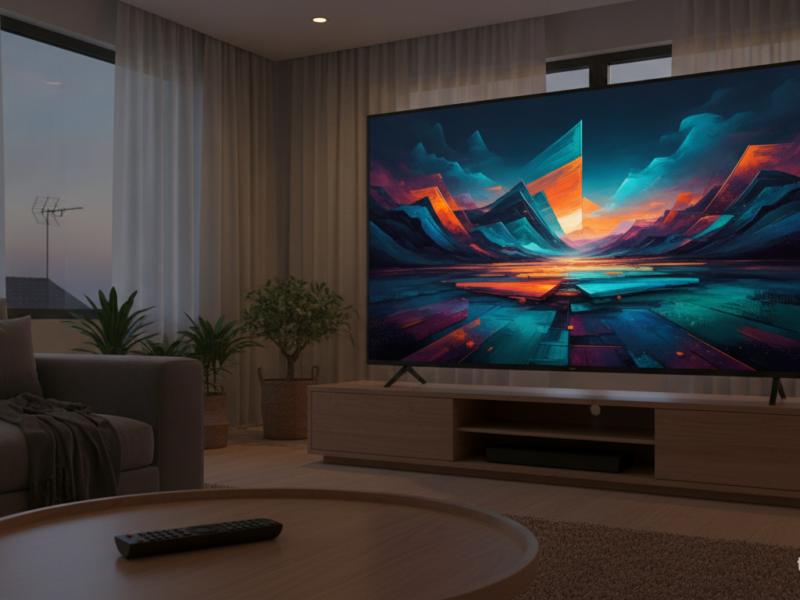 Televisor 4K en un salón con un mando a distancia en primer plano