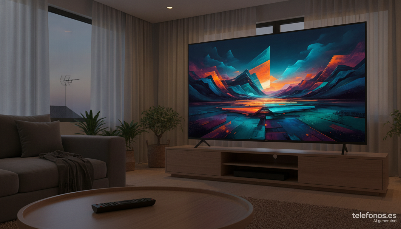 Nueva portada banner 1 Televisor 4K en un salón con un mando a distancia en primer plano