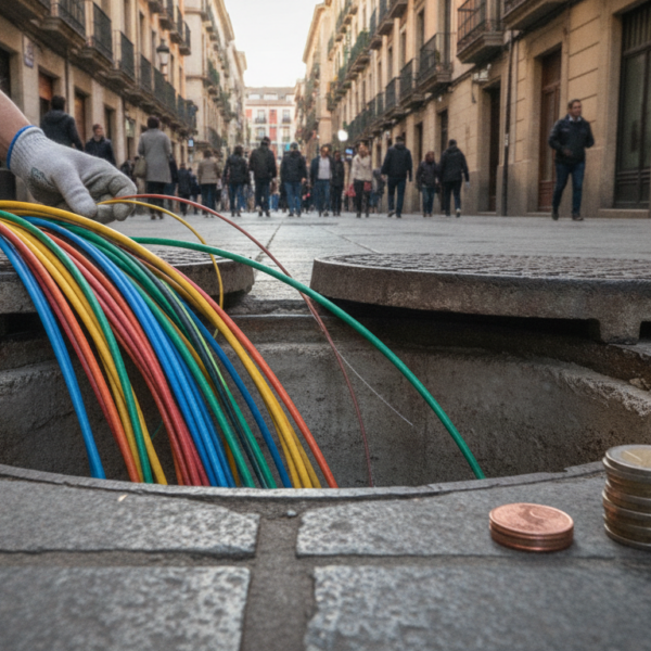 Arqueta abierta en una acera con cables de fibra óptica saliendo de un conducto