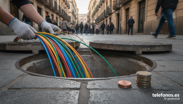 Arqueta abierta en una acera con cables de fibra óptica saliendo de un conducto
