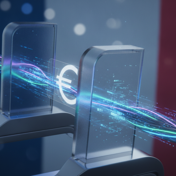 Cable de fibra óptica con flujos de datos que atraviesan un peaje digital con una moneda de euro, ilustración de la tasa francesa al gigabyte
