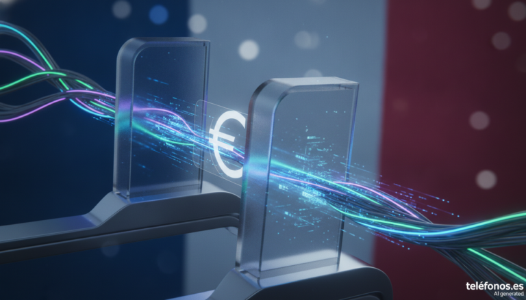 Cable de fibra óptica con flujos de datos que atraviesan un peaje digital con una moneda de euro, ilustración de la tasa francesa al gigabyte