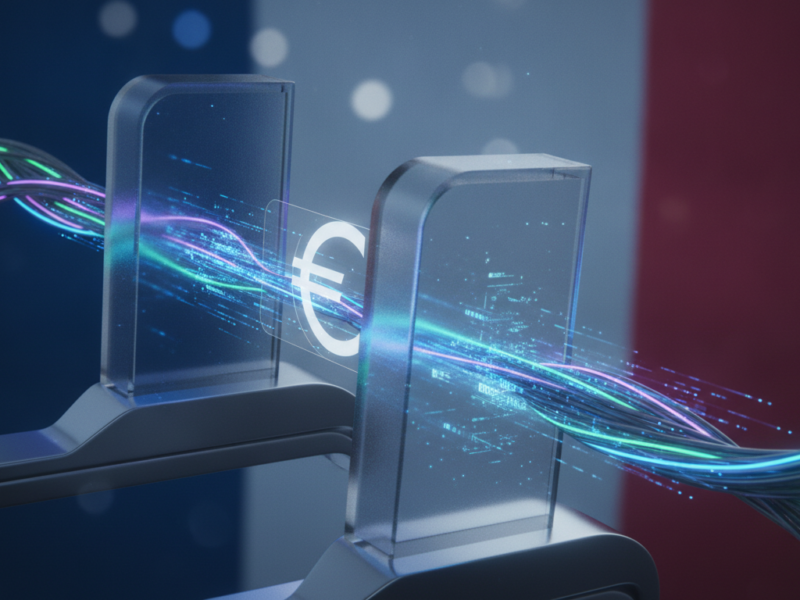 Cable de fibra óptica con flujos de datos que atraviesan un peaje digital con una moneda de euro, ilustración de la tasa francesa al gigabyte